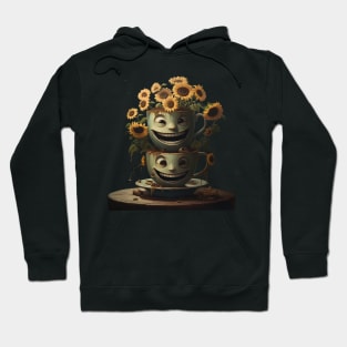 Happy Smiling Faces On a Cup With Coffee And Sunflowers Coffee Barista Hoodie